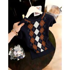 韩系学院风女孩菱格针织衫短袖套头时尚羊绒混纺撞色2026春夏女装