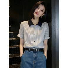 批发高级感<b class='q'>OL</b>风撞色翻领上衣2026夏季新款时尚气质日常条纹短袖<b class='q'>衬衫</b>