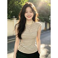 批发条纹半高领小飞袖冰丝无袖t恤女夏季薄款修身气质<b class='q'>短款</b><b class='q'>针织衫</b>上衣