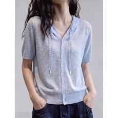 批发2026夏季新款淑女风V领蕾丝拼接蓝色短袖针织开衫女显瘦百搭上衣