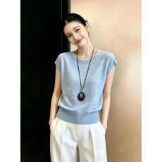 批发浅蓝色无袖<b class='q'>短款</b>圆领条纹T恤女2026夏季高端小资淡人高知穿搭上衣