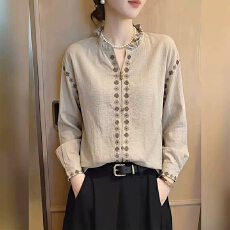 批发法式复古重工刺绣v领长袖<b class='q'>衬衫</b>女2026秋季新款巨好看宽松显瘦上衣