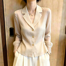 批发法式气质西装领长袖雪纺衬衫<b class='q'>女</b>秋季修身设计感小众高级感休闲上衣