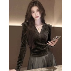 批发轻奢感丝绒长袖V领t恤女2026秋季新款修身显瘦<b class='q'>打底</b>衫气质内搭<b class='q'>上衣</b>