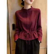 批发2026秋季新款小众法式波点收腰<b class='q'>衬衫</b><b class='q'>女长袖</b>系带显瘦通勤上衣轻熟风