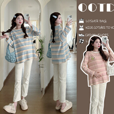 批发实拍已孕妇衣服上衣秋装新款条纹长袖打底T恤宽松