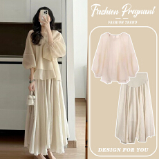 批发现~孕妇春夏连衣裙套装休闲时髦减龄雪纺娃娃衫<b class='q'>上衣</b>半身裙两件套