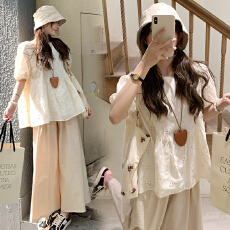 孕妇套装夏季新款时尚甜美减龄短袖上衣托腹裤子孕妇两件套