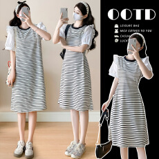 实拍~~夏季孕妇装连衣裙拼接飞飞袖腰围可调节条纹中长款裙子