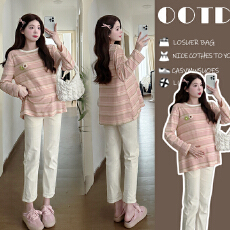 批发实拍~~2026孕妇秋季新款长袖时尚圆领条纹<b class='q'>休闲</b>宽松T恤