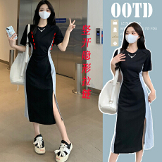 批发哺乳连衣裙辣妈外出夏季洋产后显瘦撞色拼接喂奶长裙子
