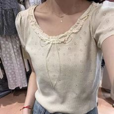 批发蕾丝短袖镂空蝴蝶结T恤上衣<b class='q'>女装</b>夏  非质量问题不退不换