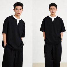 批发19支230足克100棉精梳紧密食毛纯棉 假两件T恤 量大可谈