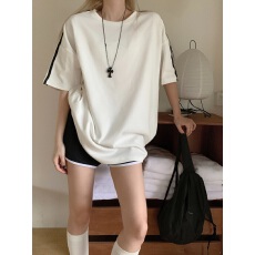 批发美式复古三条杠纯棉短袖女夏2025新款欧货宽松白色大版中长款<b class='q'>t</b><b class='q'>恤</b>