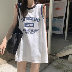 批发无袖t恤女夏季外穿街头风复古美式篮球服运动背心宽松<b class='q'>中长款</b>上衣