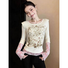 批发竹节棉假两件蕾丝花边拼接长袖T恤女2026春季新款别致减龄上衣