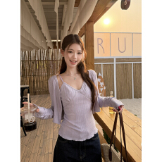 批发原版面料辣妹套装紫色针织开衫外套女春季内搭花边吊带背心两件套