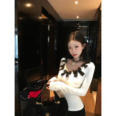 批发人棉260克<b class='q'>甜美</b>蝴蝶结U领长袖t恤女初春新款内搭打底衫上衣