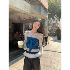 批发一套韩系蝴蝶结纯欲蓝色抹胸吊带背心女春新款设计感<b class='q'>露肩</b>小<b class='q'>上衣</b>