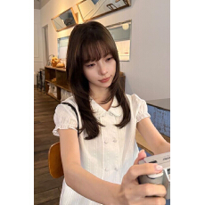 批发双排包扣花边法式甜美娃娃领短袖<b class='q'>衬衫女</b>夏季2026新款修身显瘦上衣