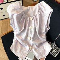 批发白色醋酸缎面立体<b class='q'>花朵</b>无袖衬衫女夏季飞飞袖高级感独特绝美小上衣