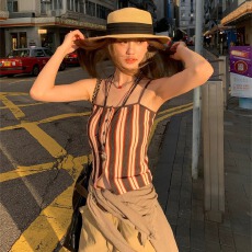 批发周怡彤◆撞色条纹吊带背心女辣妹风夏季<b class='q'>街头</b>修身显瘦无袖绝美上衣