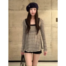 批发韩系复古条纹显瘦u领长袖<b class='q'>t</b><b class='q'>恤</b>女春秋甜酷气质百搭<b class='q'>原宿风</b>别致上衣潮