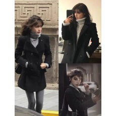 批发博主ranran同款黑色古早修身显瘦正肩毛呢大衣女复古中款风衣外套