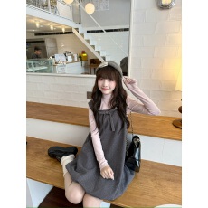 批发楞之岛2025秋冬新款韩系甜美少女感波点蝴蝶结背带花苞<b class='q'>连衣裙</b>女