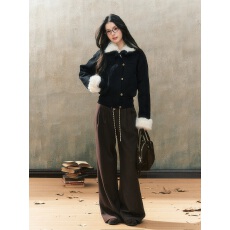 批发7Shiftin 原创设计秋冬新款黑色<b class='q'>修身</b>皮毛一体夹克外套短款上衣女