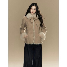 LIZIXIAN李梓仙蝴蝶结撞色收腰皮毛一体外套女2025年新款小个子