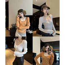 批发宁司 U领贴袋内搭正肩长袖<b class='q'>T</b><b class='q'>恤</b>女秋冬韩系休闲设计感修身打底上衣