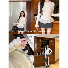 批发地球店白色精致蕾丝边打底针织衫女秋冬内搭显瘦修身长袖T恤上衣