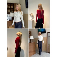 批发Audwyn斜肩长袖打底衫女褶皱秋冬<b class='q'>露肩</b>修身内搭设计感百搭外穿上衣