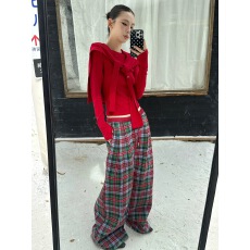 批发label方 红色格子裤女秋冬2025新款高腰显瘦显腿长阔腿拖地休闲裤