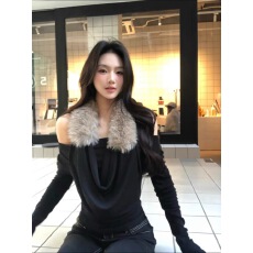 批发黑色假两件毛毛荡领<b class='q'>长袖</b><b class='q'>T</b><b class='q'>恤</b><b class='q'>女</b>秋冬季辣妹气质修身内搭打底衫上衣