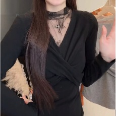 批发法式时尚<b class='q'>百搭</b>蕾丝拼接长袖加绒女显瘦扭结修身网纱内搭上衣