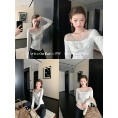 批发地球店纯欲风修身显瘦收腰长袖上衣女秋季网纱拼接设计感百搭T恤