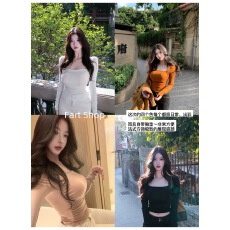 批发【Fart Shop】小漫秋曲 含胸垫方领<b class='q'>T</b>恤女秋冬收腰褶皱基础打底衫