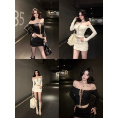 批发灰尘邓邓 辣妹针织套装女2025冬季新款<b class='q'>一字肩</b>性感<b class='q'>上衣</b>短裙两件套