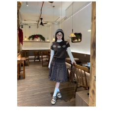 宋正恩复古提花咖色针织短袖毛衣女冬季新款韩系高级感超好看上衣