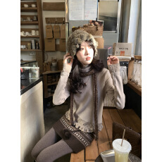 批发hollyii 韩系高腰撞色波点费尔岛毛球抽绳半身裙短款冬季2025新款