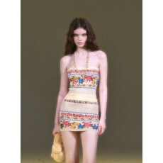 批发RunRunSweet原创 复古撞色玫瑰费尔岛针织紧身包臀连衣抹胸裙冬