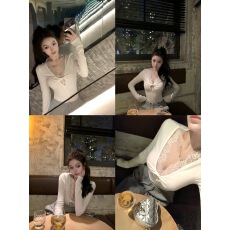 批发OYFF凡凡来咯花酿椰酥纯欲V领<b class='q'>蕾丝</b>花边针织打底衫设计感上衣