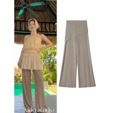 批发赵露思同款修身高弹休闲咖色假两件微喇叭裤女显瘦拖地屁帘阔腿裤