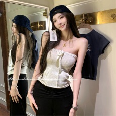 批发3.12/20点【<b class='q'>夏</b>令时】抹胸女春纯欲收腰显瘦辣妹口袋针织上衣