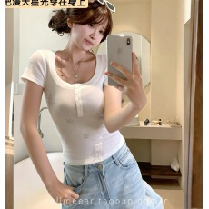 批发CallmeEar//【烫钻雪花T恤】天丝羊毛亨利衫早春修身内搭短袖上衣