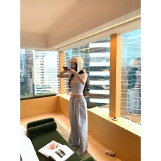 批发Fbblimit【海岛日记】韩系蓝白条纹直筒休闲裤抽绳松紧腰阔腿裤