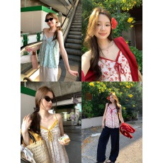 批发im向 芭提雅日落’v领假两件韩系慵懒吊带背心女<b class='q'>甜美</b>雪纺碎花上衣