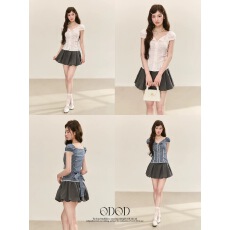 批发QDQD 蕾丝花边格纹短袖衬衫夏季新款超好看收腰显瘦泡泡袖衬衣女